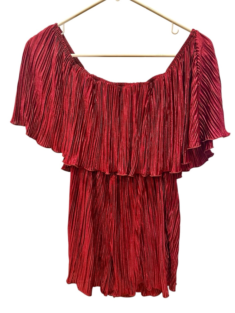 🆕 NWOT Maroon Pleated Off the Shoulder Ruffle Romper with Foldover Neckline